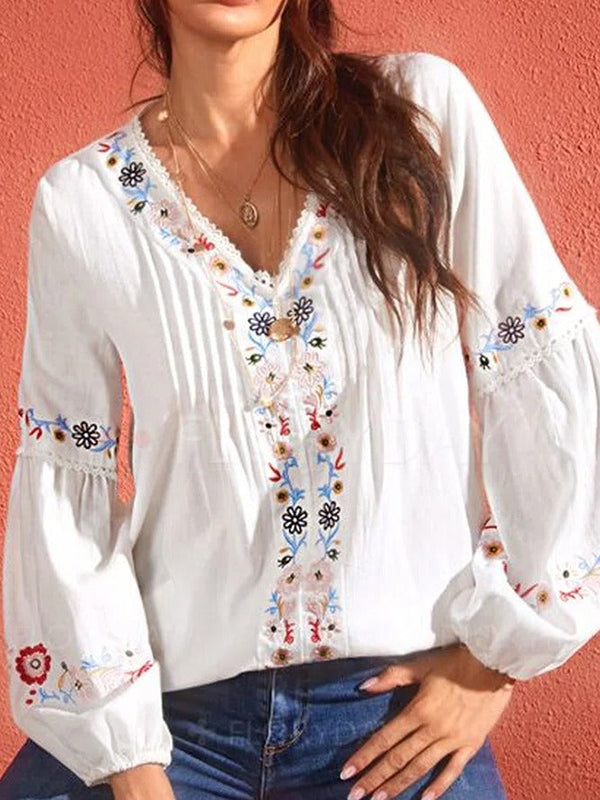 White Casual Graphic Tops V-neck Long Sleeve Floral Printed Blouse