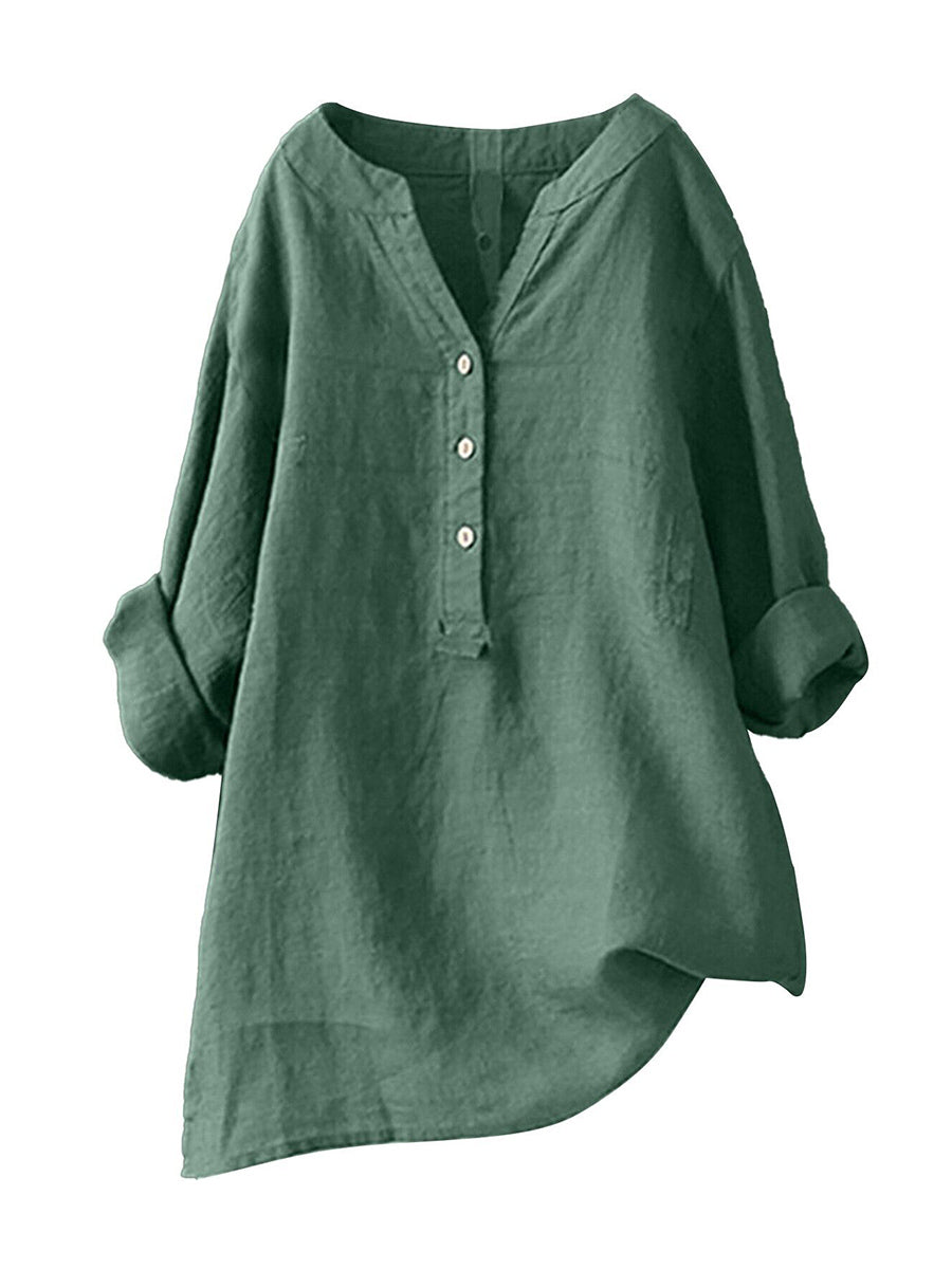 LilyWish Standing Collar Solid Color Button Up Long Sleeve Top