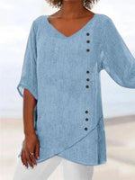 LilyWish Women's Blue V-Neck 3/4 Sleeve Button-Trim Asymmetrical Hem Blouse