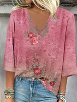 LilyWish Pink Floral Print V-neck 3/4 Sleeve Top