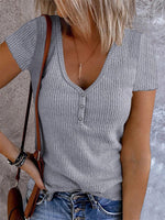 Women’s Ribbed V Neck Henley Short Sleeve Slim Fit Casual Knit Top