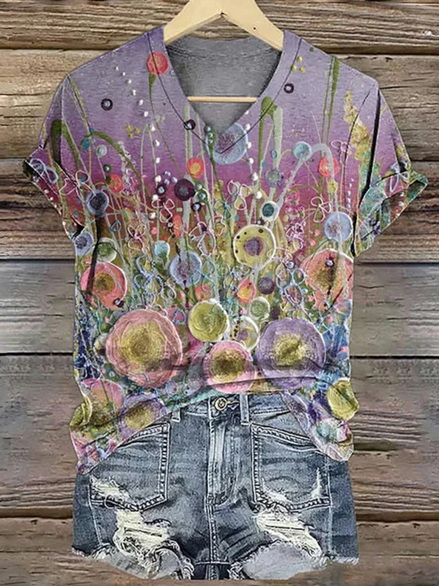 LilyWish Colourful Floral Print V-neck Short Sleeve T-Shirt