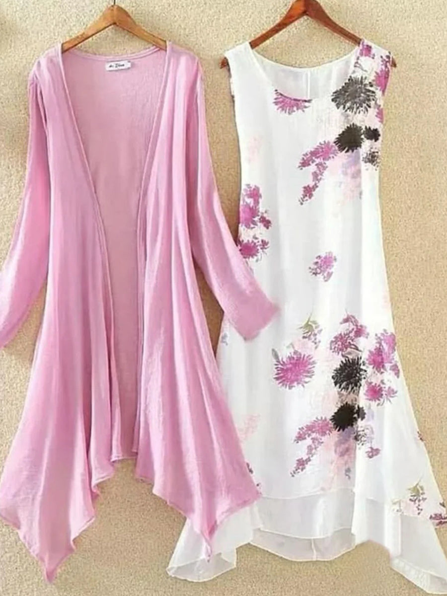 LilyWish Pink Floral Print Midi Dress With Outerwear