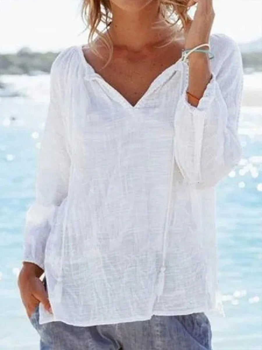 LilyWish White Casual V Neck Solid Long Sleeve Blouse