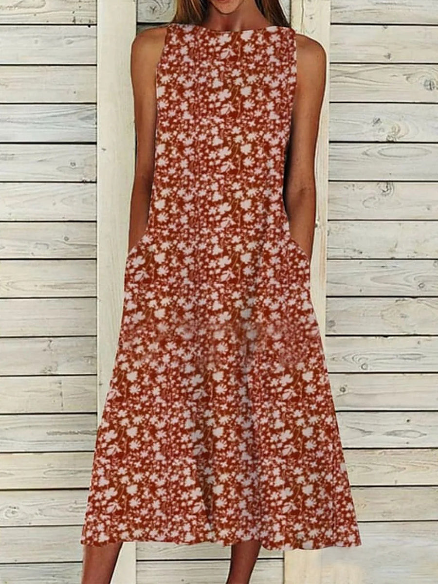 Women Summer Sleeveless Round Neck Red Dress