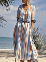 Special Short Sleeve Striped Midi Dress