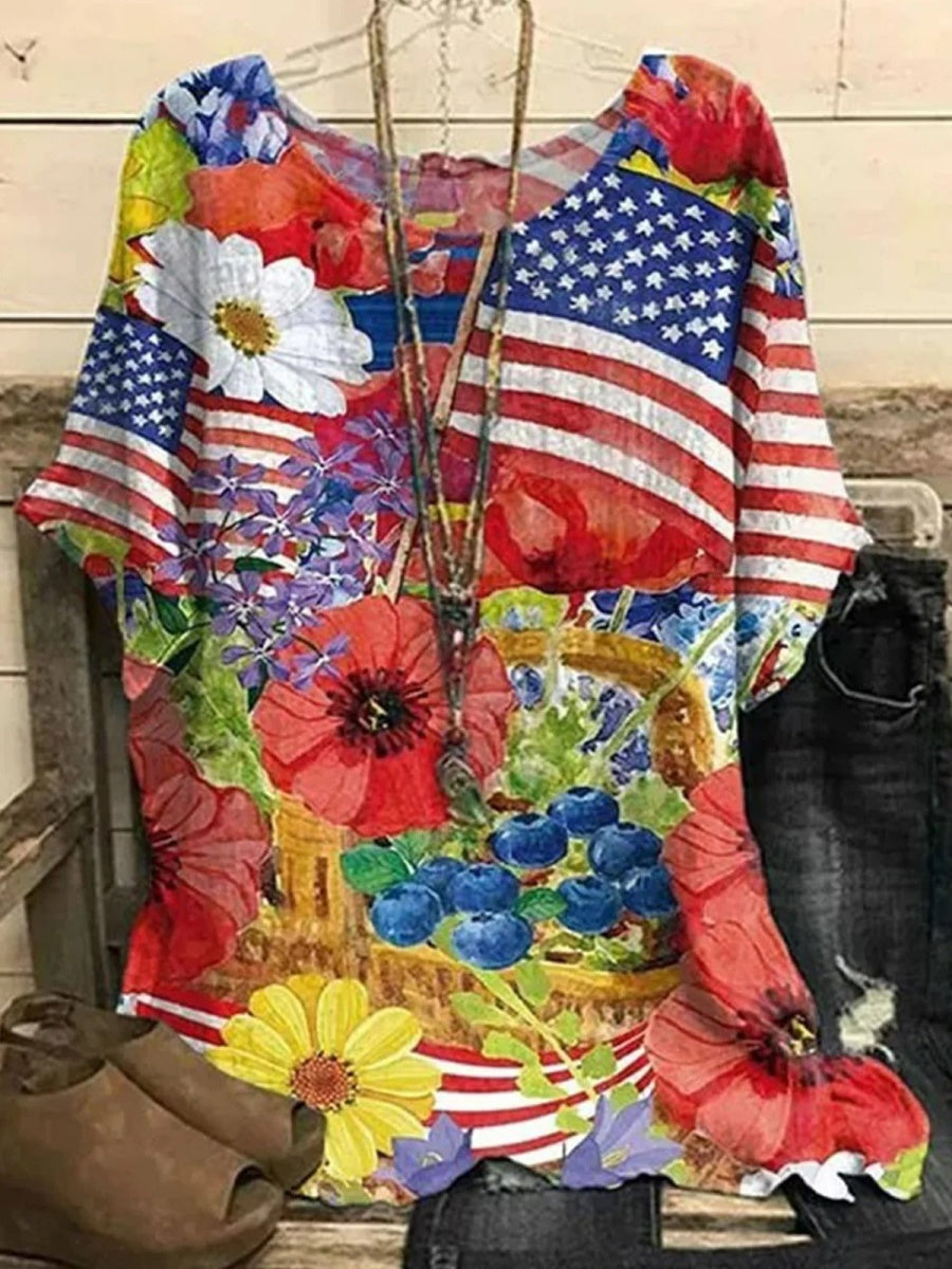 LilyWish Crew Neck Floral And Flag Casual Batwing Sleeve Blouse
