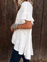 Batwing Sleeves High-Low Buttoned Split-Joint V-Neck T-Shirt Top