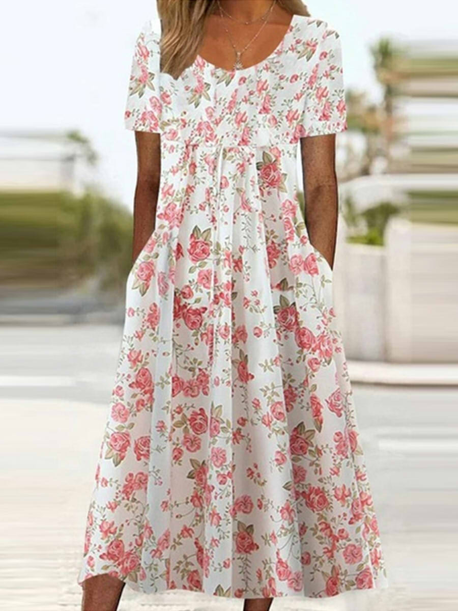 LilyWish Casual Round Neck Short Sleeve Midi Dress With Pockets