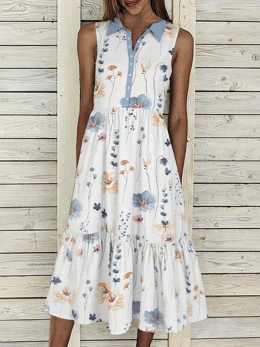 Women Sleeveless Lapel Floral Printed Graphic Button Pockets Maxi Dress