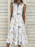 Women Sleeveless Lapel Floral Printed Graphic Button Pockets Maxi Dress