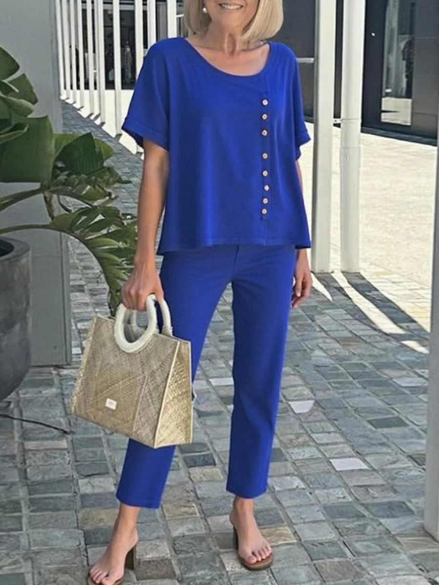 Fresh Blue Round Neck Short Sleeve Two Piece Set
