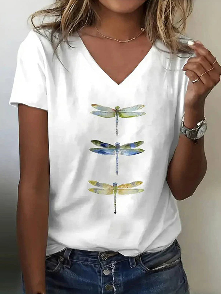 Casual Dragonfly Print V-neck Short Sleeve T-Shirt