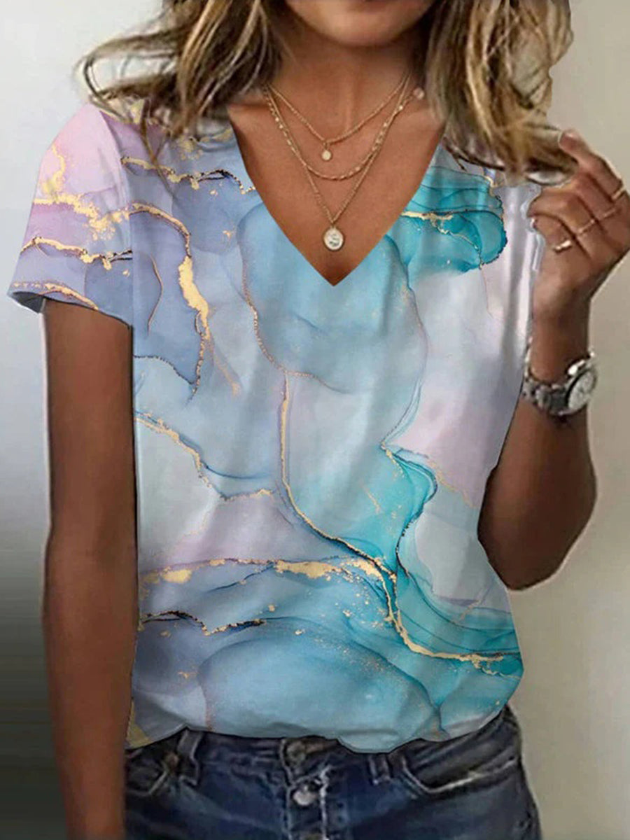 Casual Gradient V-neck Short Sleeve T-Shirt