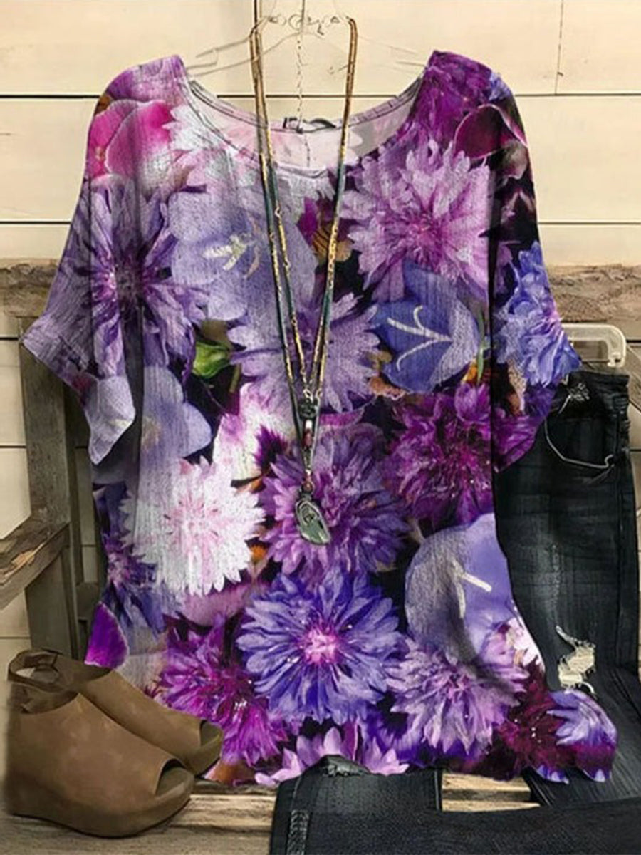 LilyWish Vintage Floral Print Short Sleeve Blouse