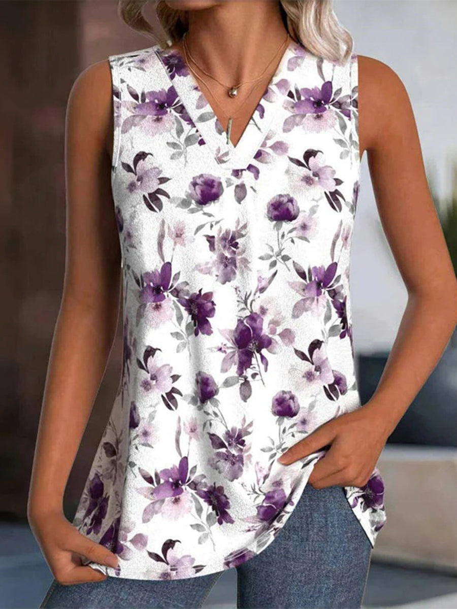 Casual Floral Print V-neck Sleeveless Tank Top