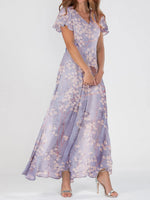 Elegant V-neck Short Sleeve Floral Print Maxi Dress
