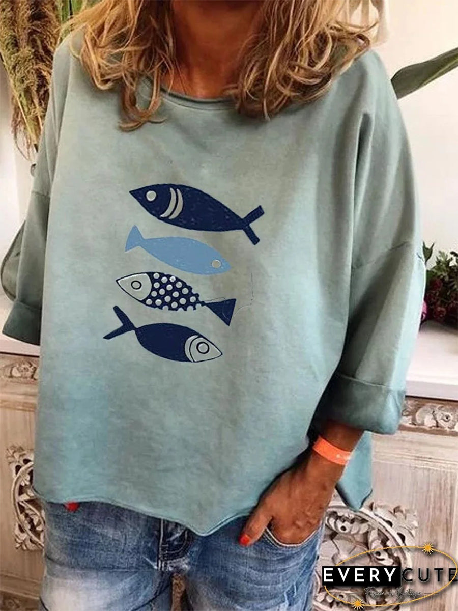Blue Casual Round Neck Printed Fish T-Shirt