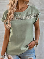LilyWish Green Casual Round Neck Solid Short Sleeve Blouse