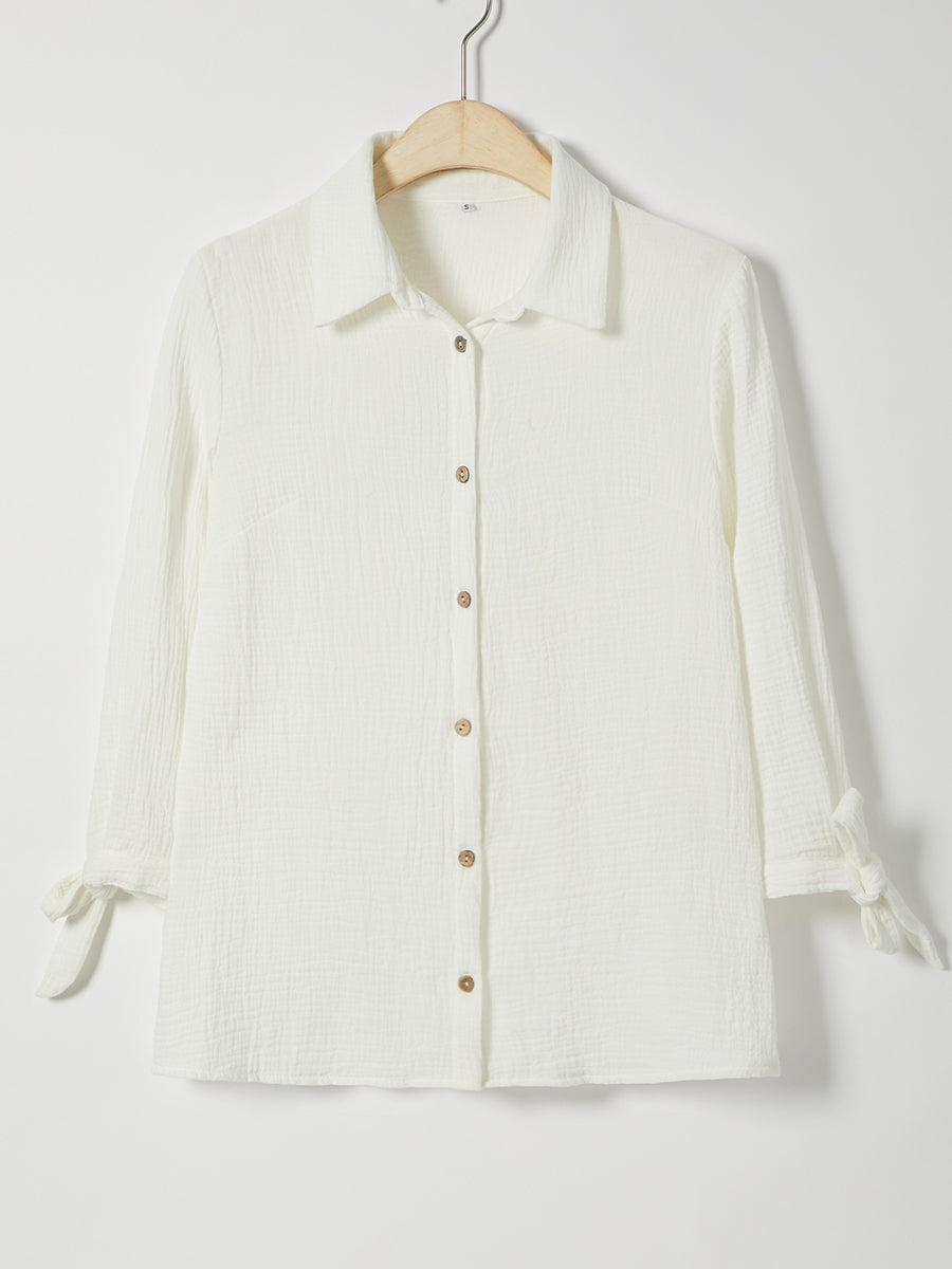 Solid Color Bowknot Lapel Long Sleeve Blouse with Buttons
