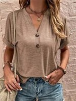 Women’s V-Neck Button Front Short Sleeve Casual Loose Top