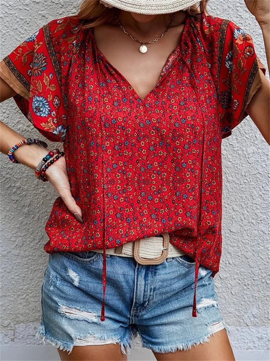 Women's Resort Style Bohemian Print V-Neck Short Sleeve Shirt