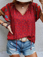 Women's Resort Style Bohemian Print V-Neck Short Sleeve Shirt