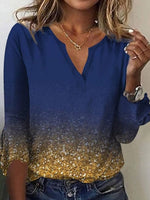 LilyWish Stunning Blue V-Neck 3/4 Sleeve Top