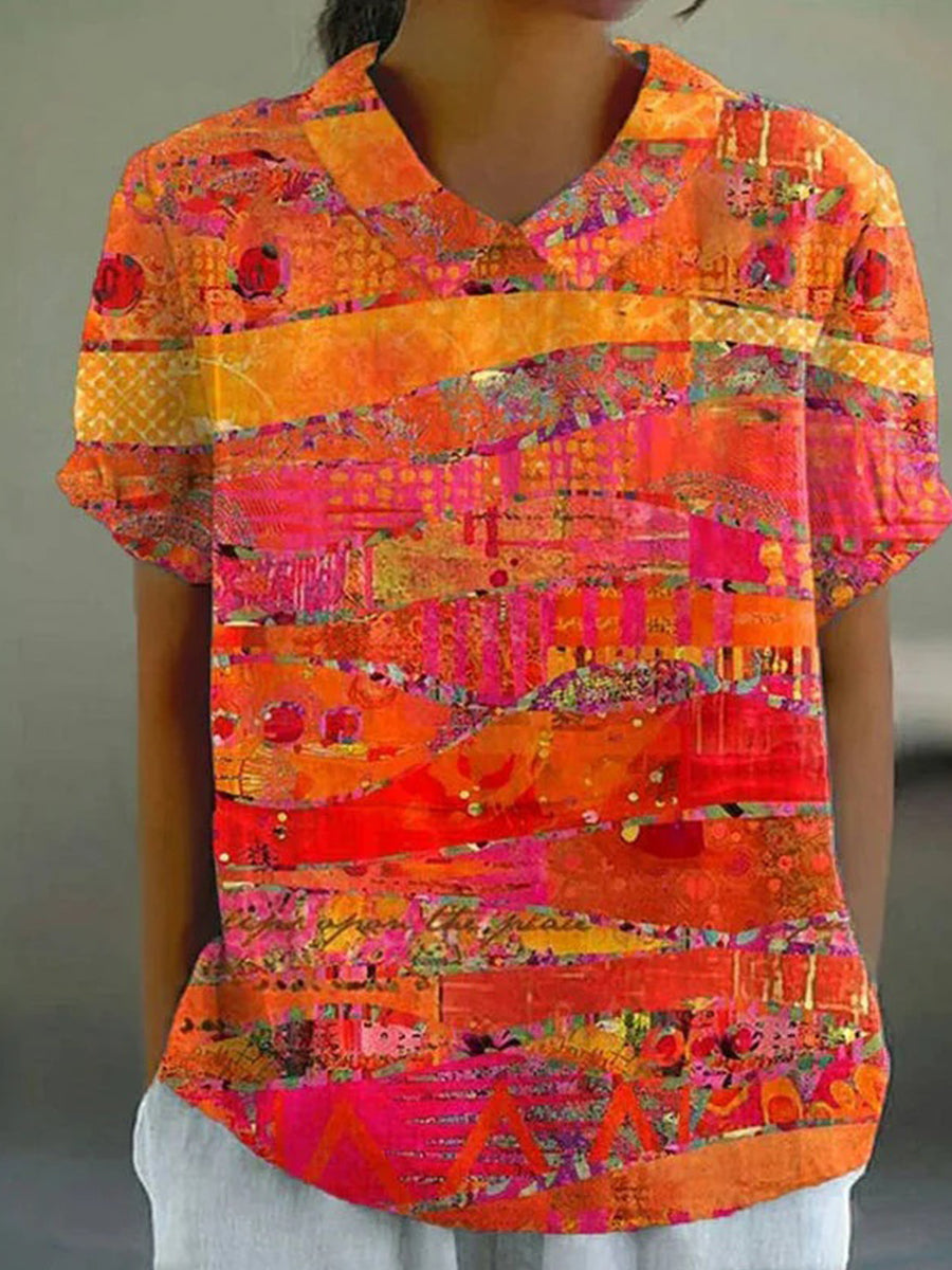 LilyWish Vintage Abstract Print Short Sleeve Blouse