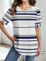 LilyWish Casual Striped Round Neck Short Sleeve Blouse