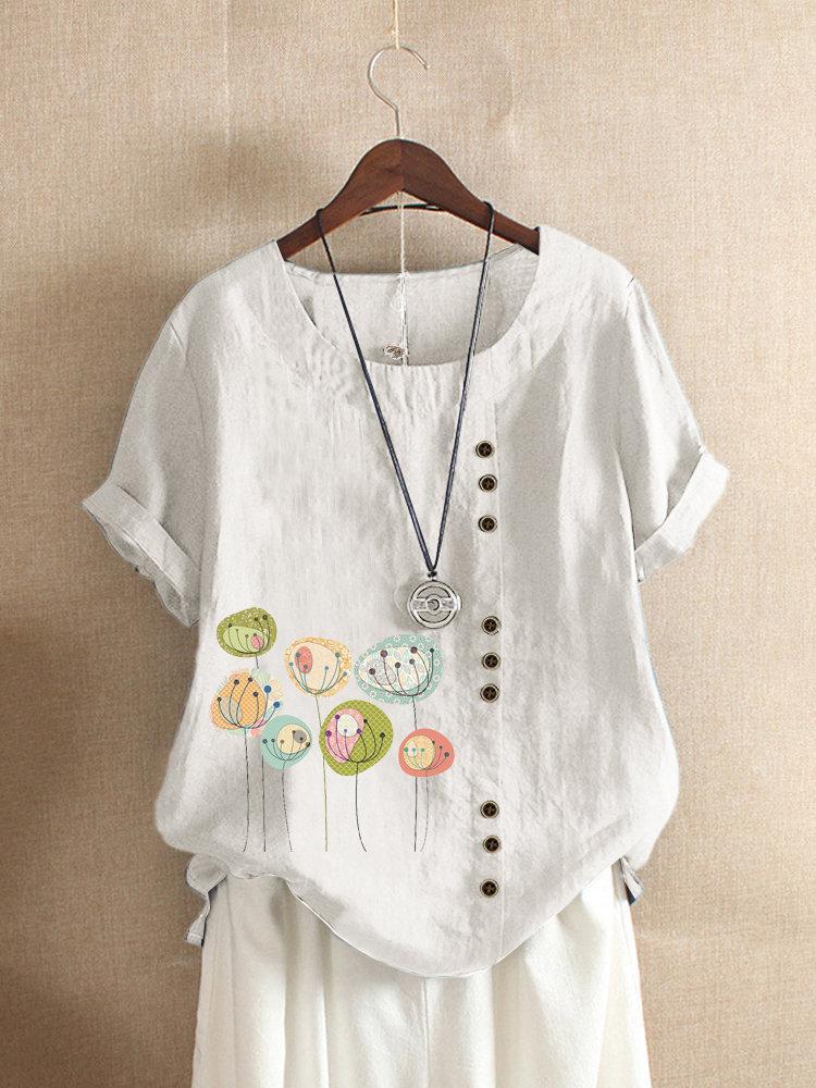 Button Cartoon Floral Print Short Sleeve Casual Blouse