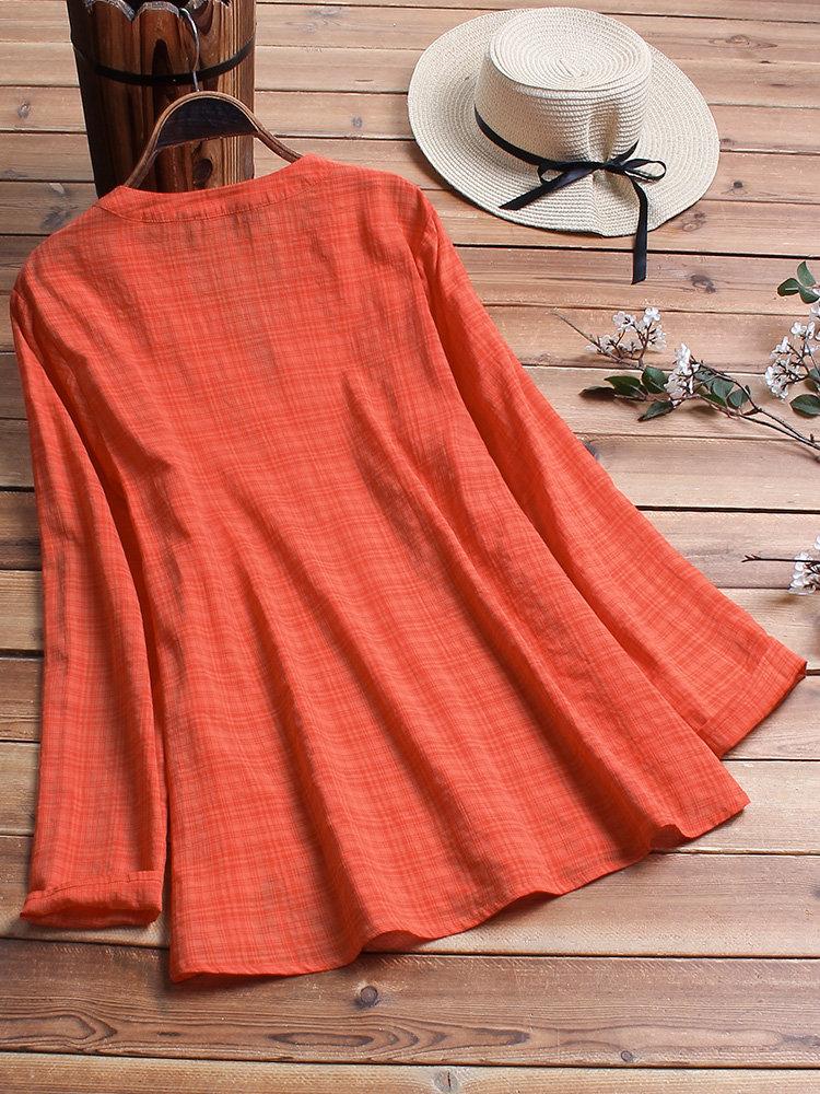 LilyWish Vintage Plaid Side Button V-neck Long Sleeve Blouse