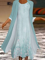 Casual Floral Print Round Neck 3/4 Sleeve Two-Piece Set Loose Dress