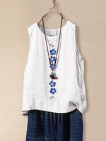 White Flower Printed Sleeveless Loose O-neck Tank Top