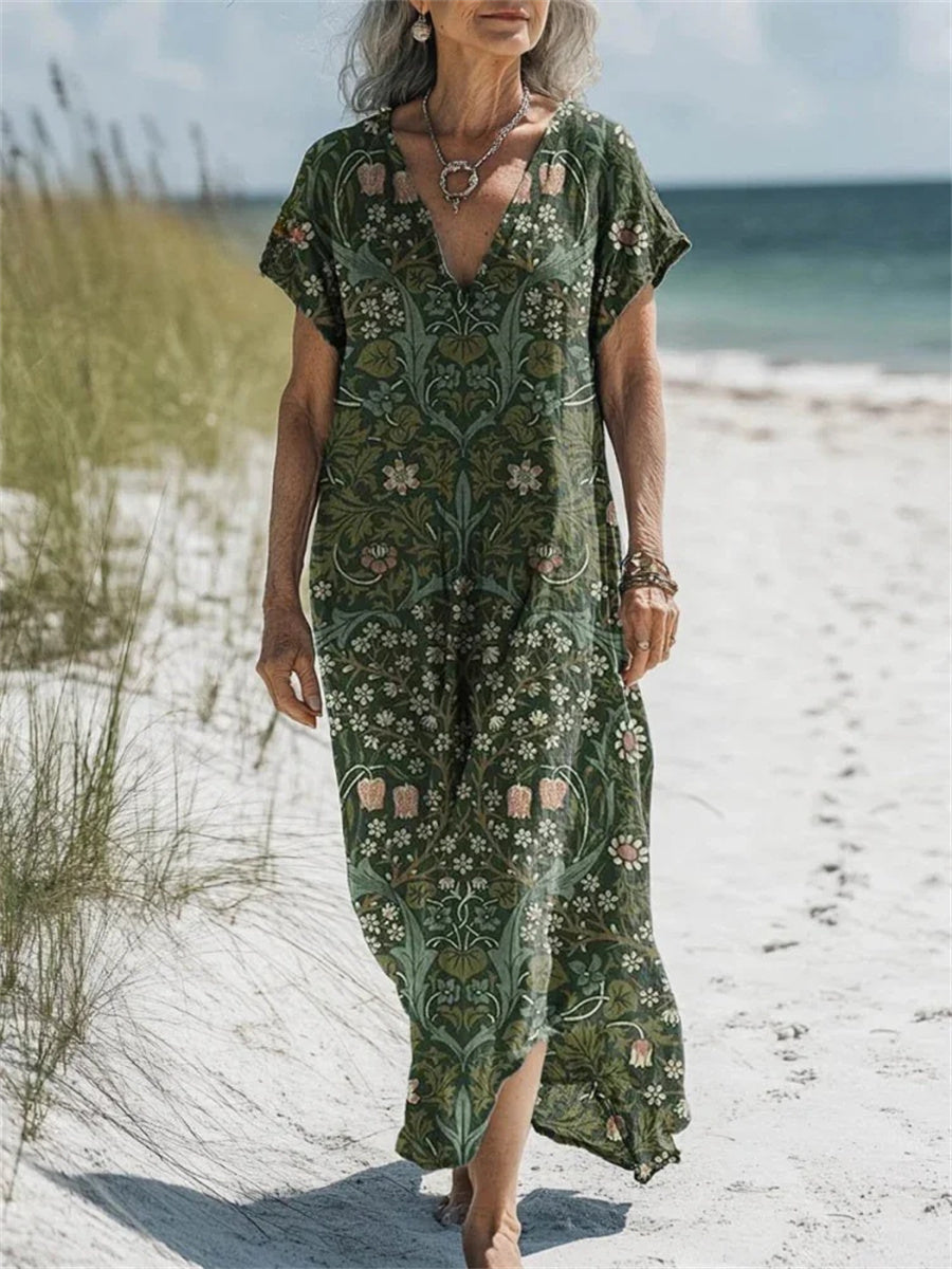 LilyWish Women's Vintage Lovely V-neck Short Sleeve Floral Art Print Dress