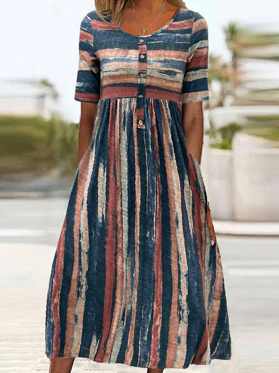 Women's Striped Button Front Short Sleeve Loose Fit Midi Dress