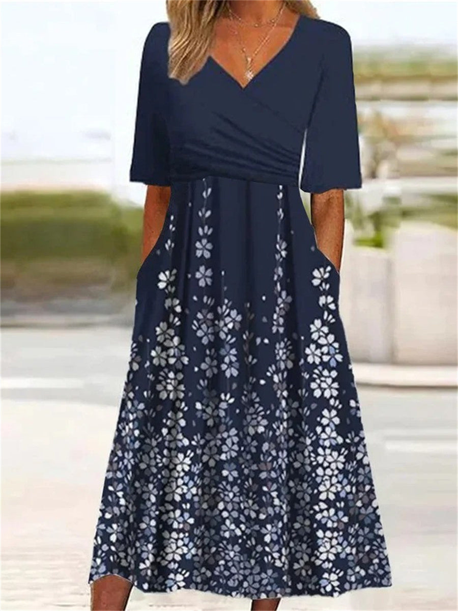 LilyWish Navy Blue V-neck Floral Printed Half Sleeve Midi Dress