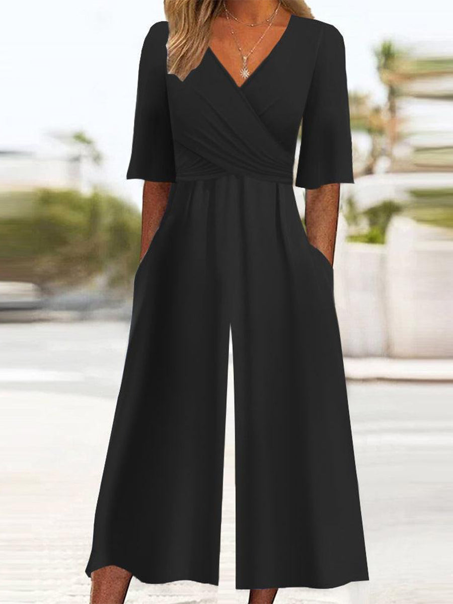 Black Plain Half Sleeve Side Pocket Jumpsuit