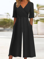 Black Plain Half Sleeve Side Pocket Jumpsuit