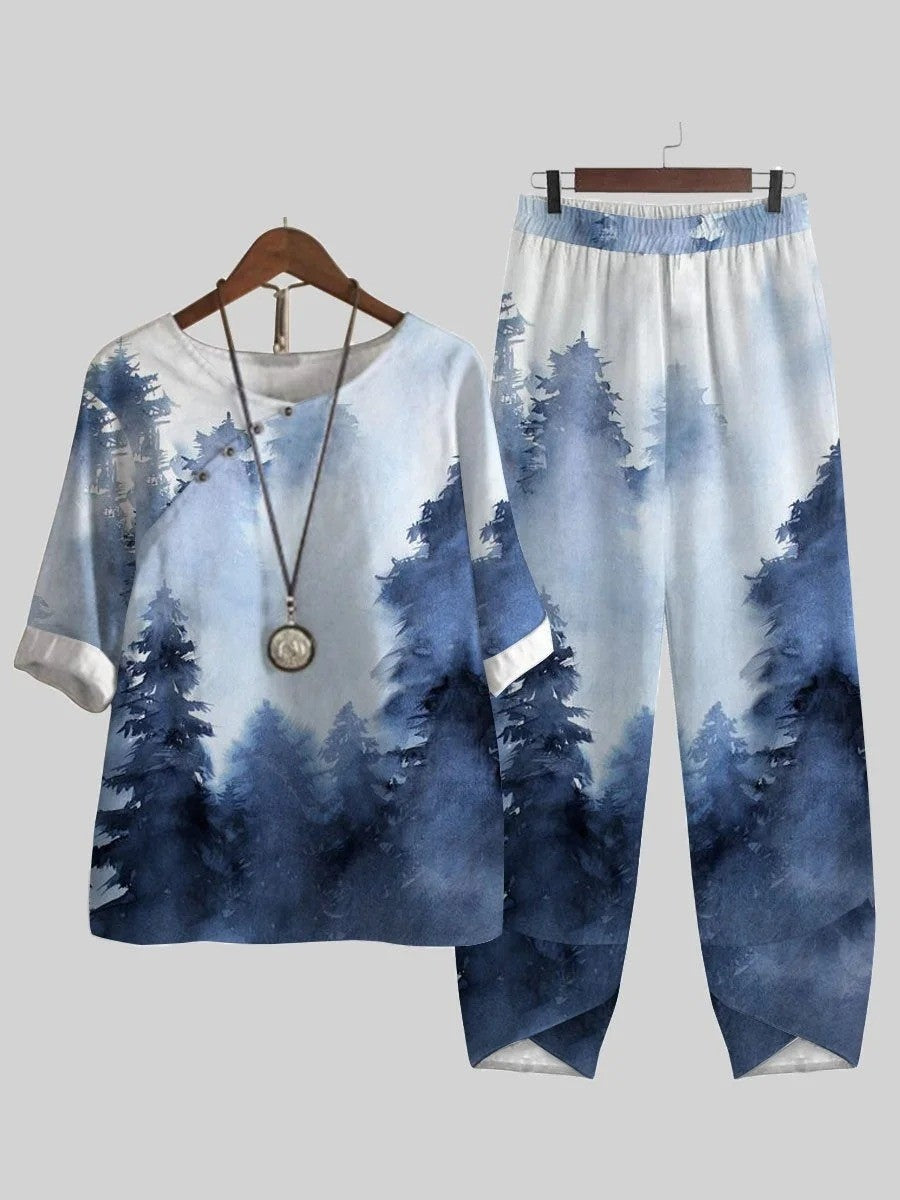 Blue Casual Round Neck Ink Forest Printed Half Sleeve Two Piece Suit