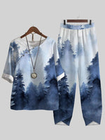 Blue Casual Round Neck Ink Forest Printed Half Sleeve Two Piece Suit