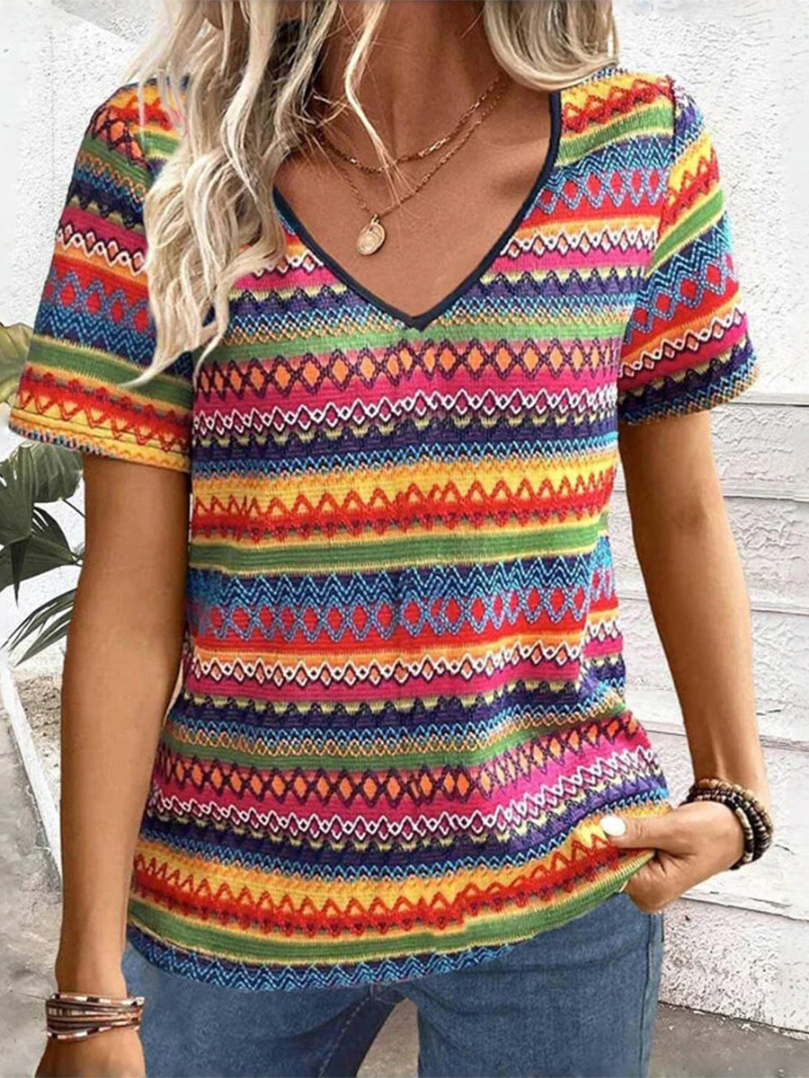 Colourful Casual V-neck Short Sleeve T-Shirt