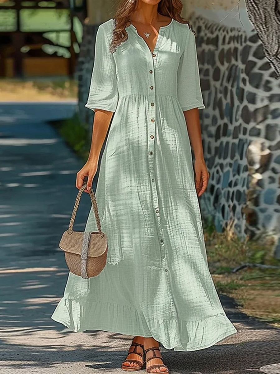 Women¡¯s Solid Button-Front V-Neck Maxi Dress with Half Sleeves