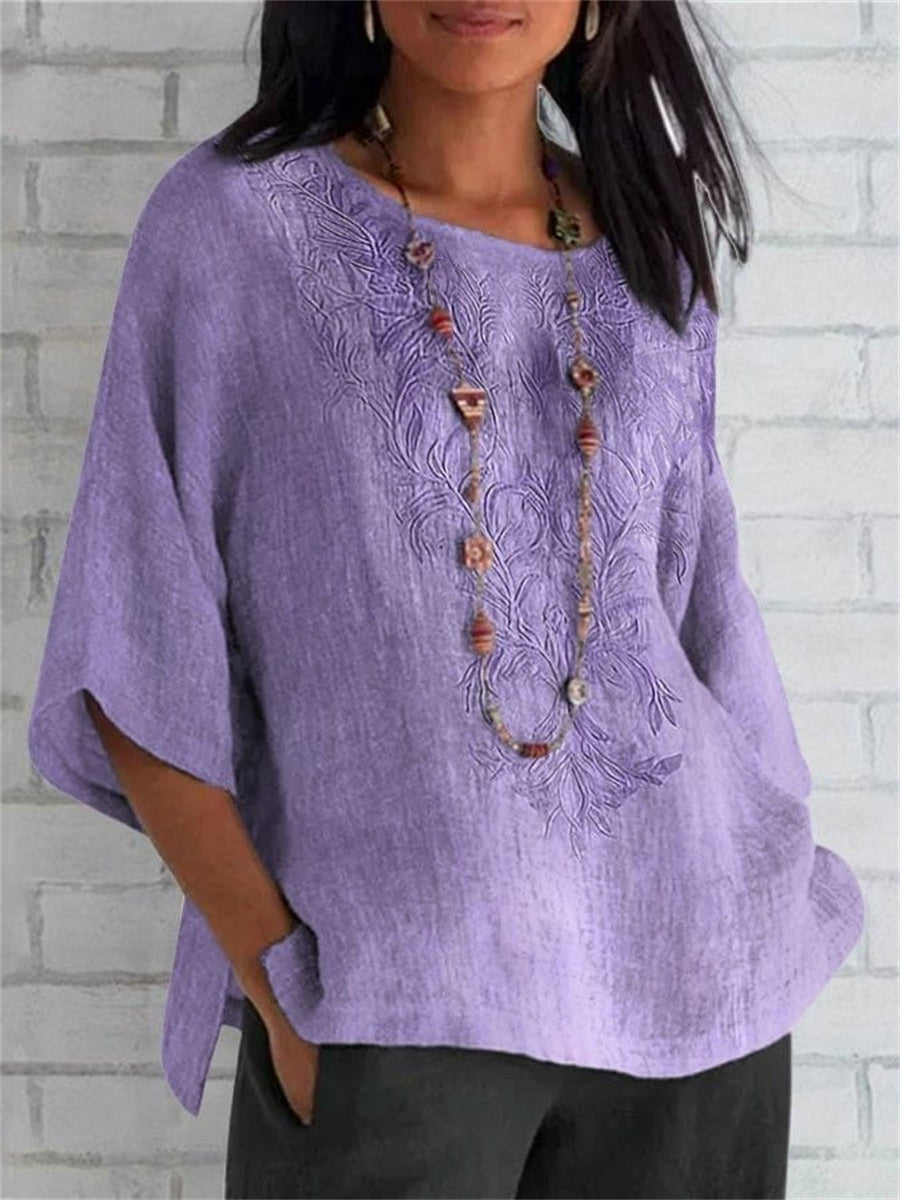 LilyWish Purple Embroidery Crew Neck Short Sleeve Blouse