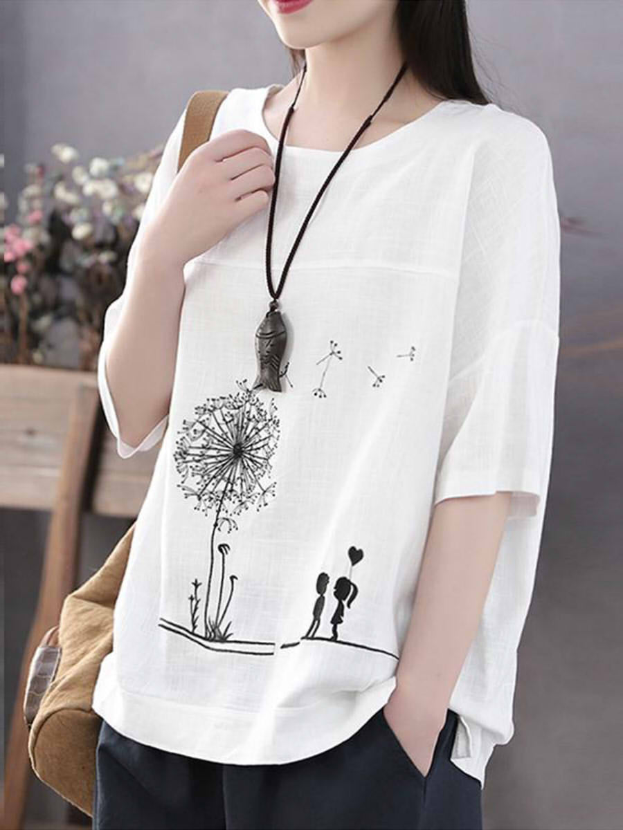 LilyWish Women’s Casual Dandelion Print Round Neck Short Sleeve Blouse