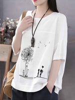LilyWish Women’s Casual Dandelion Print Round Neck Short Sleeve Blouse