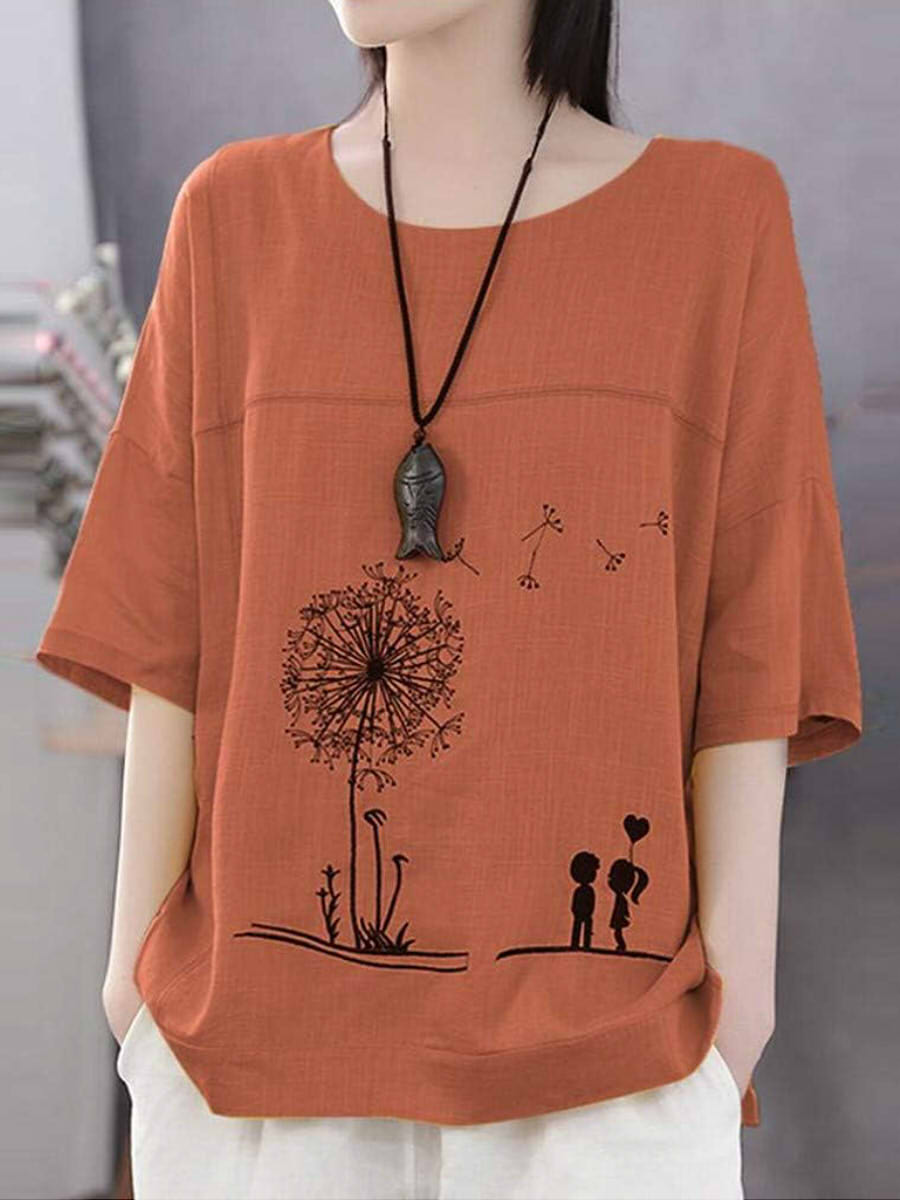 LilyWish Women’s Casual Dandelion Print Round Neck Short Sleeve Blouse