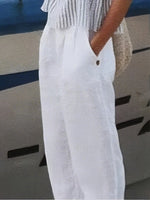 Women's White Cotton Elastic Waist Pants with Pockets